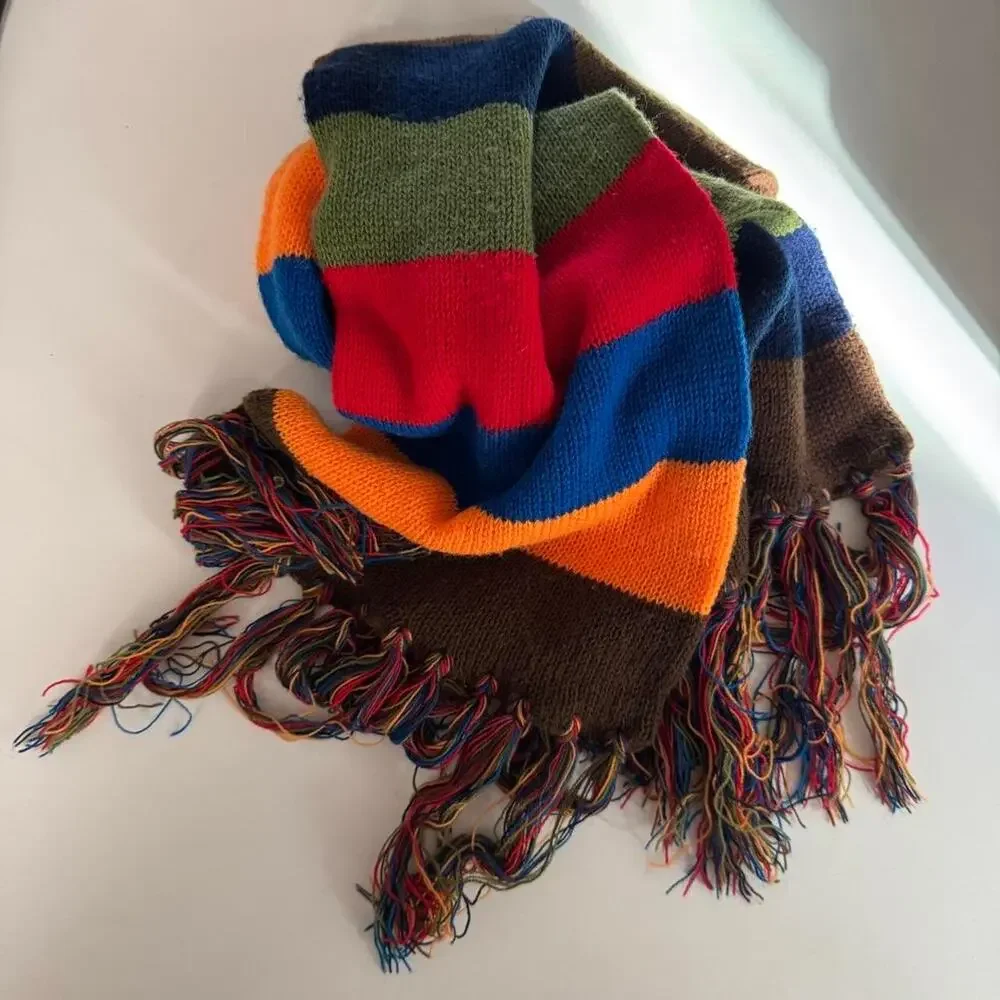 Cozy Vintage‎ 1970s multicolor knit scarf by Six Footer classic rainbow unisex